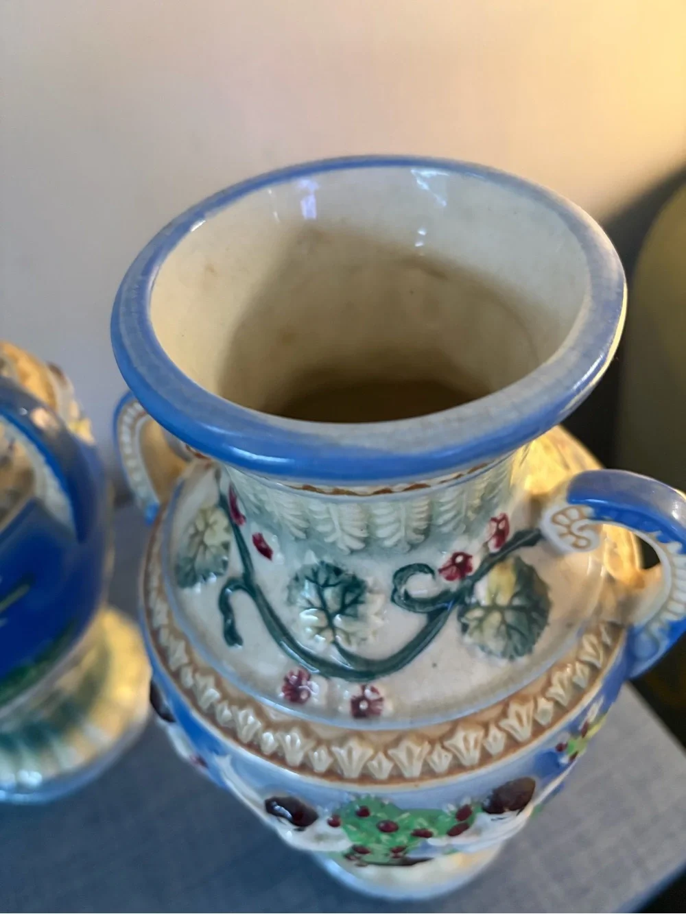Source Unknown Blue and Green Cherub Relief Vases (Pair)